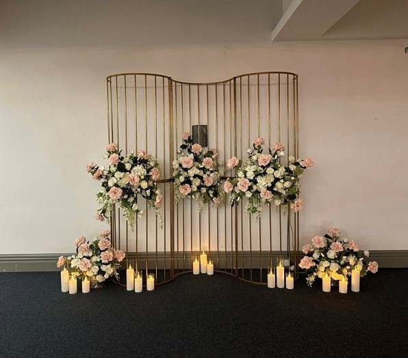 Ceremony Floral Backdrop, LED Candles, Silk Florals