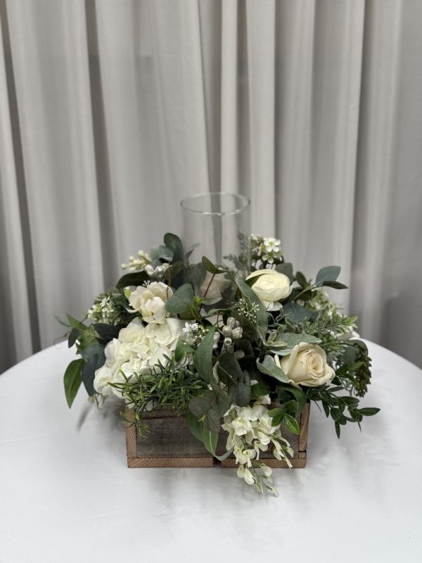 Silk Floral Table Runner on Wooden Box with Candle Photo
