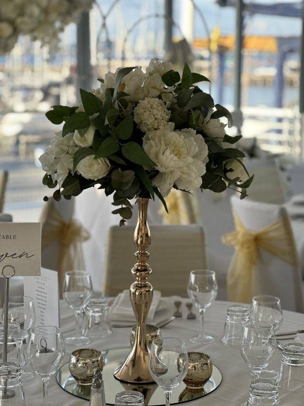 Silk Flower Topper on Gold Candlestick Centrepiece Photo
