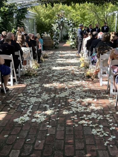 Wedding Ceremony Floral Arch, Wine Barrels, Silk Florals, Wedding Flowers, White Americana Chairs