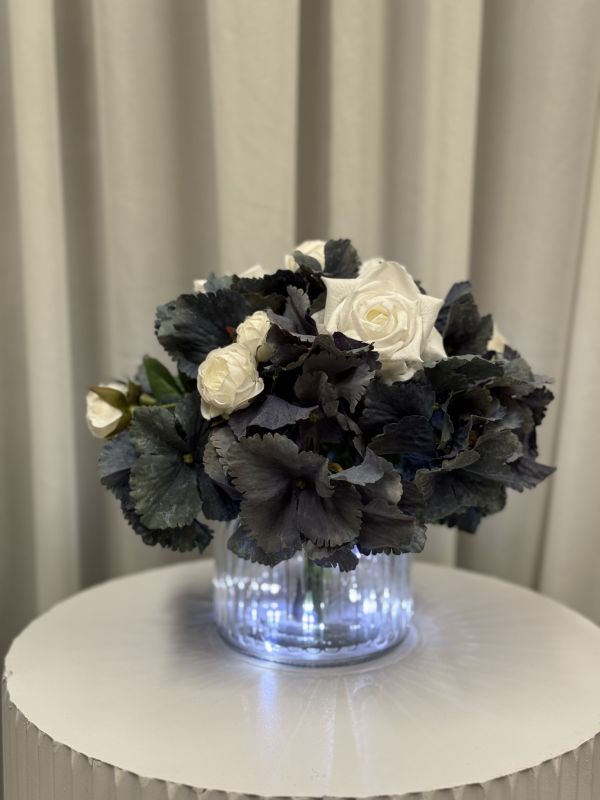 Small Navy Blue Hydrangea & White Rose Arrangement Photo