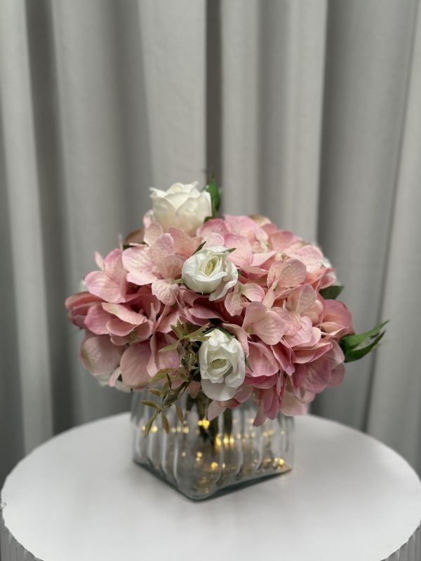 Small Pink Hydrangea & White Rose Arrangement Photo