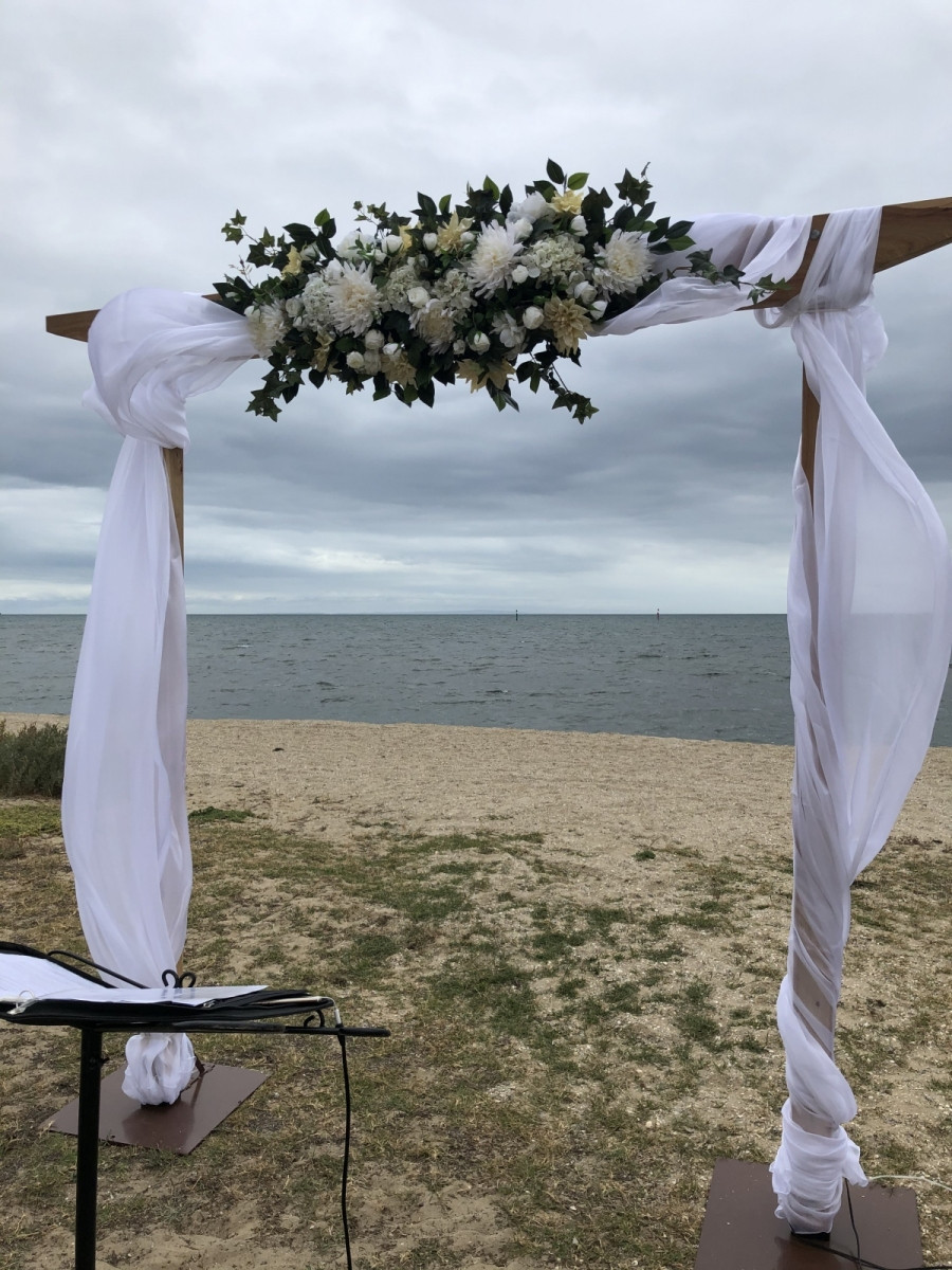 Wooden Arbour and Silk Floral with Sash, Beach Wedding