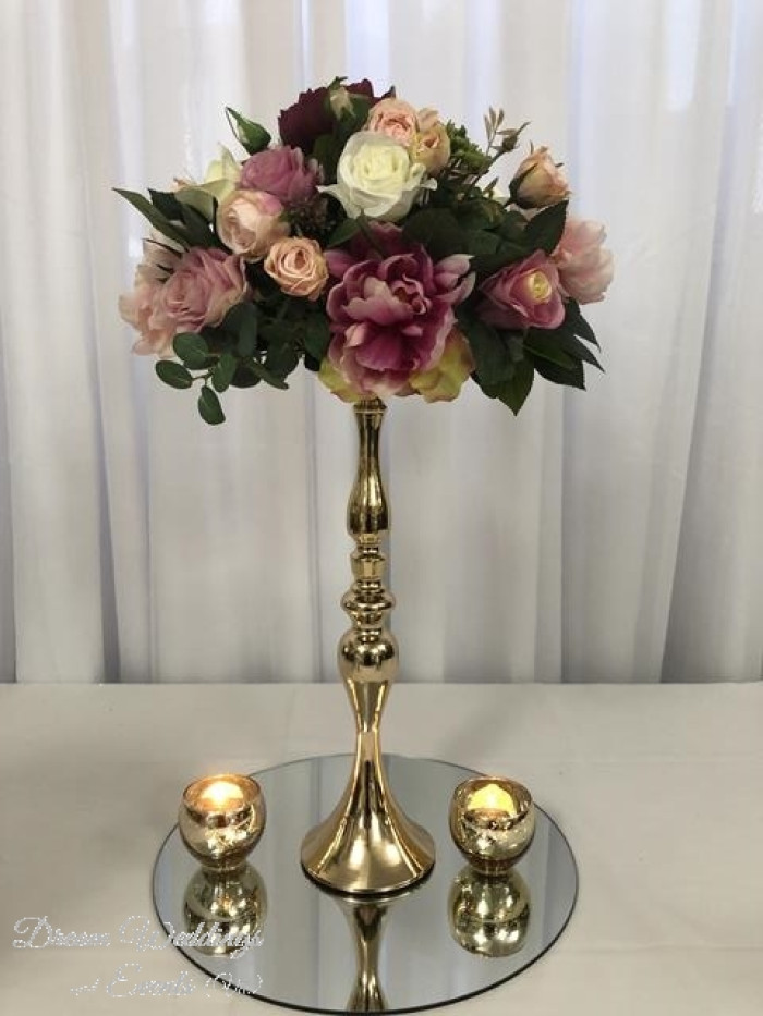 Silk Flower Topper on Gold Candlestick Centrepiece Photo - 2