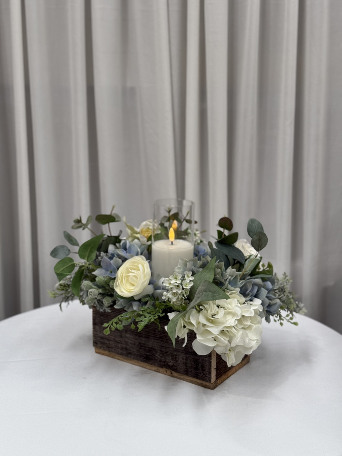 Silk Floral Table Runner on Wooden Box with Candle Photo - 2